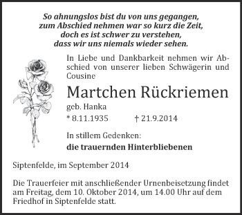 Traueranzeige von Martchen Rückriemen von WVG - Wochenspiegel Quedlinburg