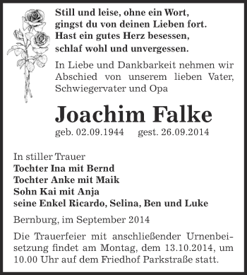 Traueranzeige von Joachim Falke von Super Sonntag Bernburg