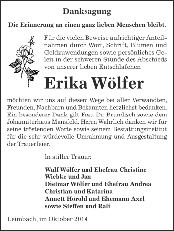 Traueranzeige von Erika Wölfer von Super Sonntag SGH Mansf. Land