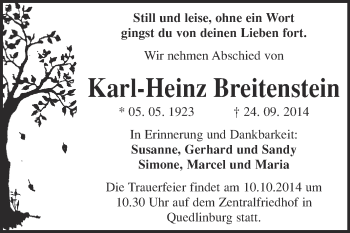 Traueranzeige von Karl-Heinz Breitenstein von Super Sonntag Quedlinburg