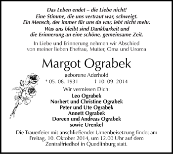 Traueranzeige von Margot Ograbek von WVG - Wochenspiegel Quedlinburg