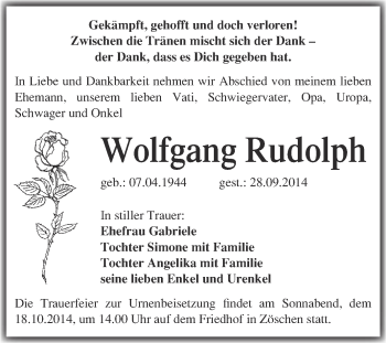 Traueranzeige von Wolfgang Rudolph von Super Sonntag Merseburg