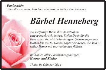 Traueranzeige von Bärbel Henneberg von Super Sonntag Quedlinburg