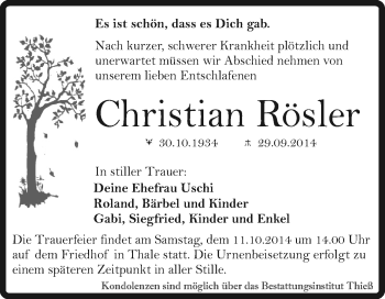 Traueranzeige von Christian Rösler von Super Sonntag Quedlinburg