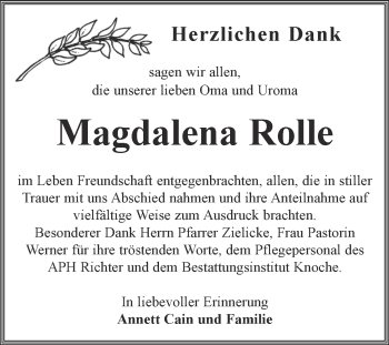 Traueranzeige von Magdalena Rolle von WVG - Wochenspiegel Aschersleben