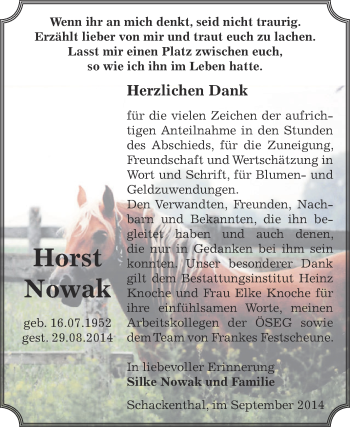 Traueranzeige von Horst Nowak von Super Sonntag Aschersleben