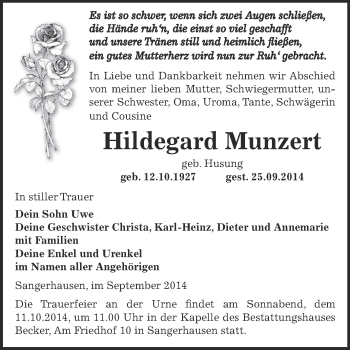 Traueranzeige von Hildegard Munzert von WVG - Wochenspiegel SGH