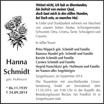 Traueranzeige von Hanna Schmidt von WVG - Wochenspiegel SGH