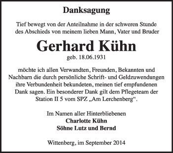 Traueranzeige von Gerhard Kühn von WVG - Wochenspiegel Wittenberg