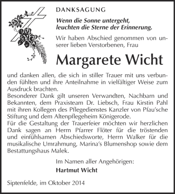Traueranzeige von Margarete Wicht von WVG - Wochenspiegel Quedlinburg
