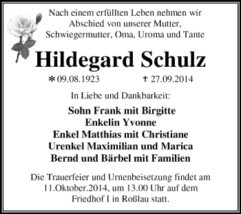 Traueranzeige von Hildegard Schulz von Super Sonntag Dessau / Köthen