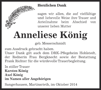 Traueranzeige von Anneliese König von Super Sonntag SGH Mansf. Land