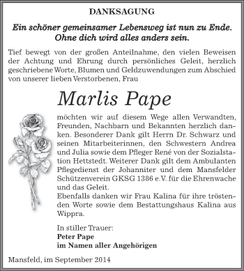 Traueranzeige von Marlis Pape von Wochenspiegel Mansfelder Land