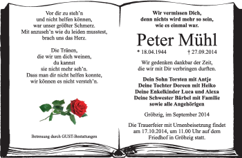 Traueranzeige von Peter Mühl von Super Sonntag Dessau / Köthen