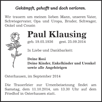 Traueranzeige von Paul Klausing von WVG - Wochenspiegel SGH