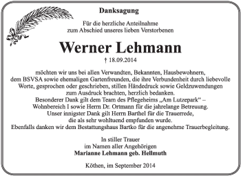 Traueranzeige von Werner Lehmann von Super Sonntag Dessau / Köthen