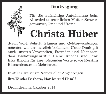 Traueranzeige von Christa Hüber von Super Sonntag Aschersleben