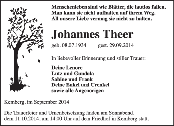 Traueranzeige von Johannes Theer von WVG - Wochenspiegel Wittenberg