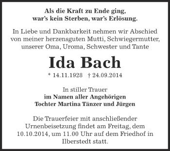 Traueranzeige von Ida Bach von Super Sonntag Bernburg