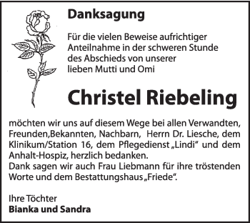 Traueranzeige von Christel Riebeling von Super Sonntag Dessau / Köthen