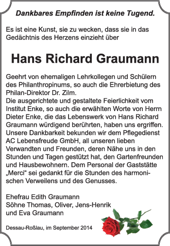Traueranzeige von Hans Richard Graumann von Super Sonntag Dessau / Köthen