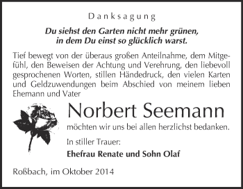 Traueranzeige von Norbert Seemann von WVG - Wochenspiegel Merseburg