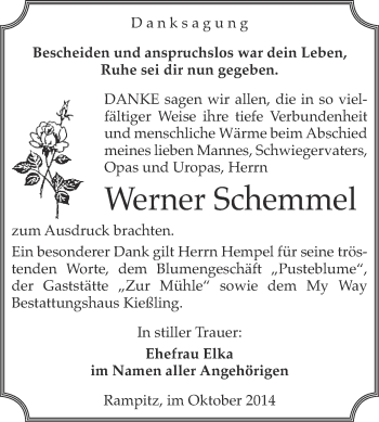 Traueranzeige von Werner Schemmel von Super Sonntag Merseburg