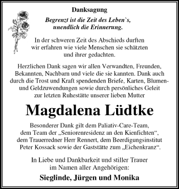 Traueranzeige von Magdalena Lüdtke von Super Sonntag Dessau / Köthen