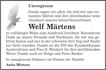 Traueranzeige von Welf Märtens von Super Sonntag Aschersleben