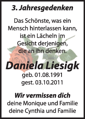 Traueranzeige von Daniela Liesigk von Super Sonntag Wittenberg