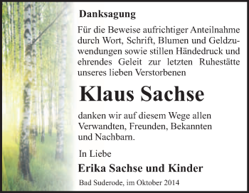 Traueranzeige von Klaus Sachse von WVG - Wochenspiegel Quedlinburg
