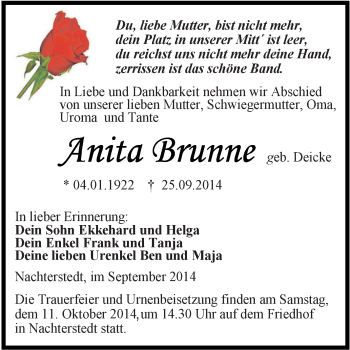 Traueranzeige von Anita Brunne von Super Sonntag Aschersleben