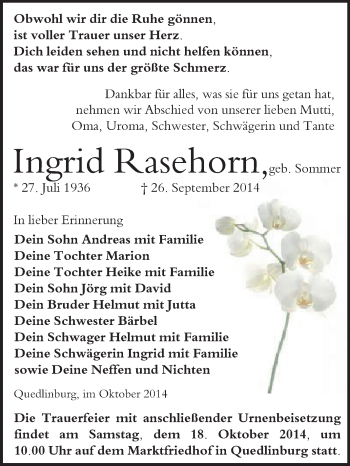 Traueranzeige von Ingrid Rasehorn von WVG - Wochenspiegel Quedlinburg
