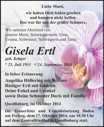 Traueranzeige von Gisela Ertl von WVG - Wochenspiegel Quedlinburg