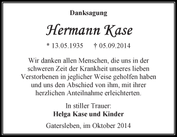 Traueranzeige von Hermann Kase von Super Sonntag Aschersleben