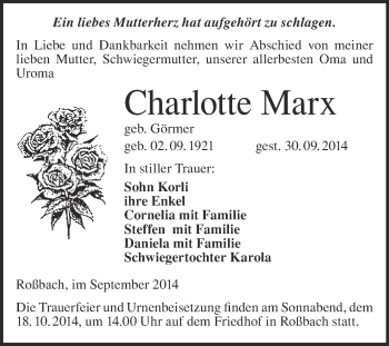 Traueranzeige von Charlotte Marx von WVG - Wochenspiegel Merseburg