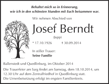 Traueranzeige von Josef Berndt von WVG - Wochenspiegel Quedlinburg