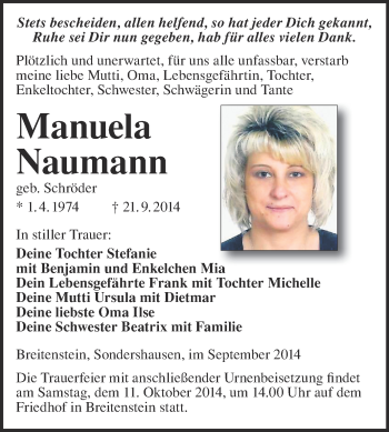 Traueranzeige von Manuela Naumann von WVG - Wochenspiegel Quedlinburg