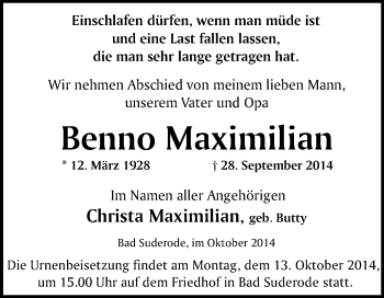 Traueranzeige von Benno Maximilian von WVG - Wochenspiegel Quedlinburg