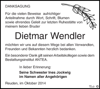 Traueranzeige von Dietmar Wendler von Super Sonntag Zeitz