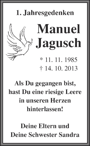 Traueranzeige von Manuel Jagusch von WVG - Wochenspiegel NMB / WSF / ZTZ