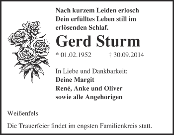Traueranzeige von Gerd Sturm von WVG - Wochenspiegel NMB / WSF / ZTZ