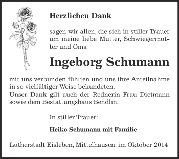 Traueranzeige von Ingeborg Schumann von Super Sonntag SGH Mansf. Land