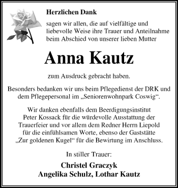 Traueranzeige von Anna Kautz von Super Sonntag Dessau / Köthen