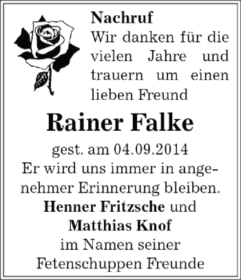 Traueranzeige von Rainer Falke von WVG - Wochenspiegel Dessau / Köthen