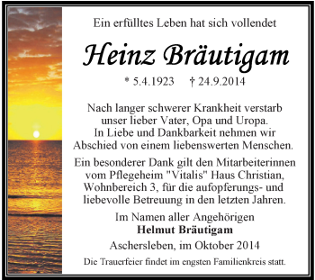 Traueranzeige von Heinz Bräutigam von Super Sonntag Aschersleben