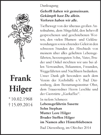 Traueranzeige von Frank Hilger von Super Sonntag Merseburg