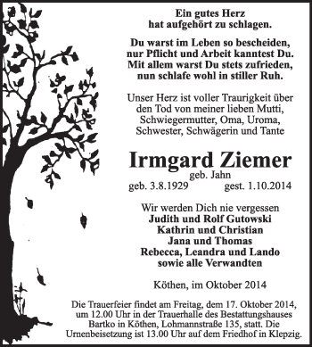 Traueranzeige von Irmgard Ziemer von Super Sonntag Dessau / Köthen