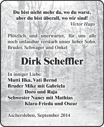 Traueranzeige von Dirk Scheffler von Super Sonntag Aschersleben