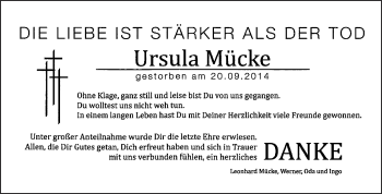 Traueranzeige von Ursula Mücke von WVG - Wochenspiegel Aschersleben